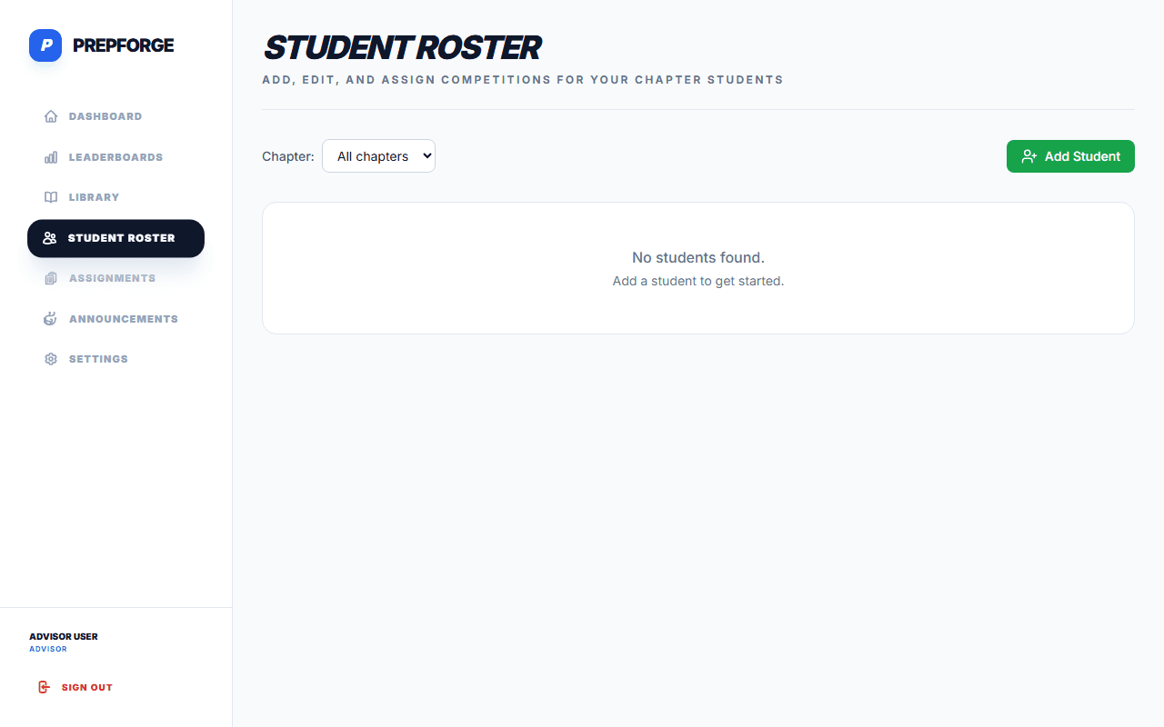 Advisor roster in PrepForge (Forge view)